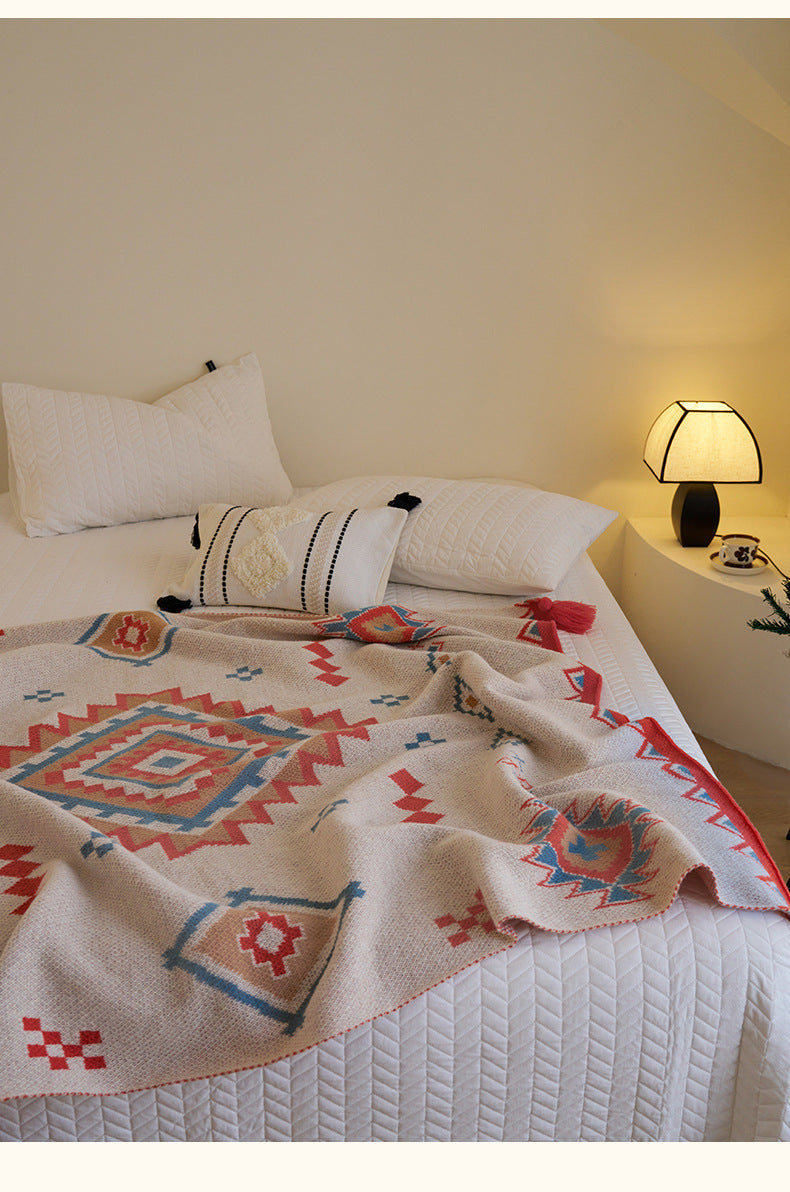 Orange Bohemian Geometric Tassel Throw Blanket ??Soft Cotton Blend for Bedroom, Living Room, and Sofa 110x130cm