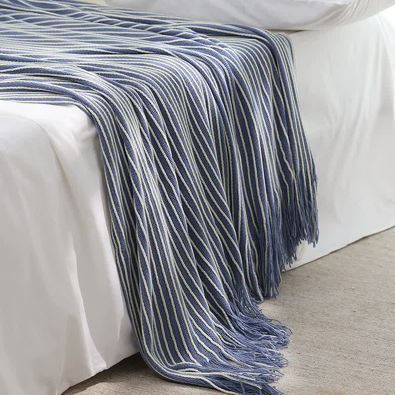 Blue Cozy Knit Throw Blanket with Fringe ??Stylish Striped Bed End Cover, 127x170cm