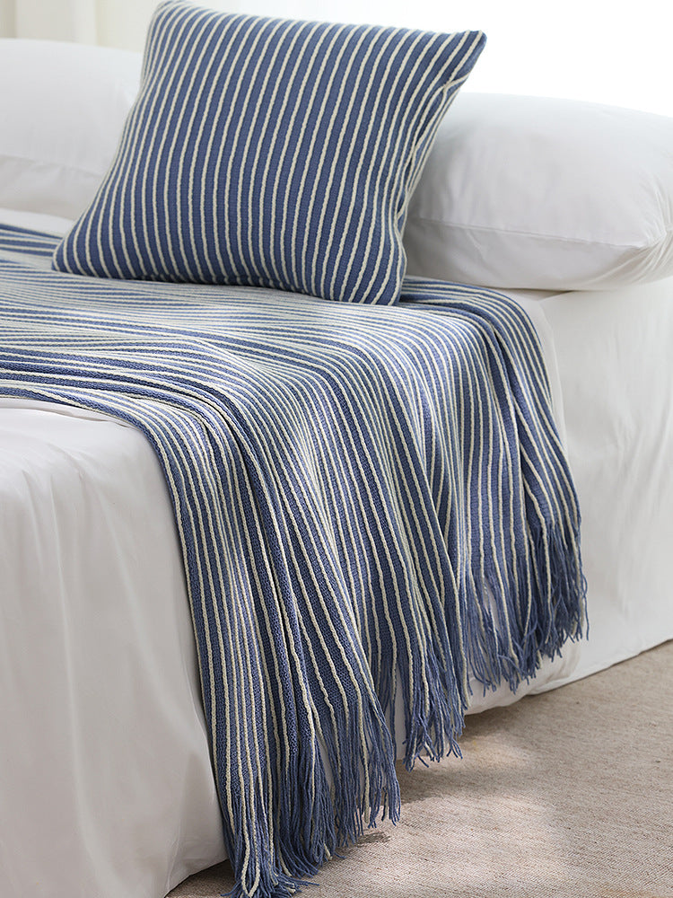 Blue Cozy Knit Throw Blanket with Fringe – Stylish Striped Bed End Cover, 127x170cm