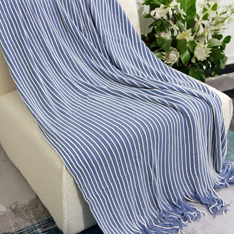 Blue Cozy Knit Throw Blanket with Fringe - Stylish Striped Bed End Cover, 127x220CM
