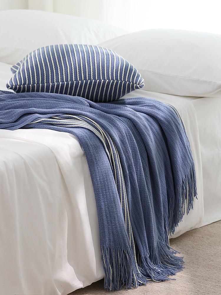 Blue Cozy Knit Throw Blanket with Fringe - Stylish Striped Bed End Cover, 127x220CM