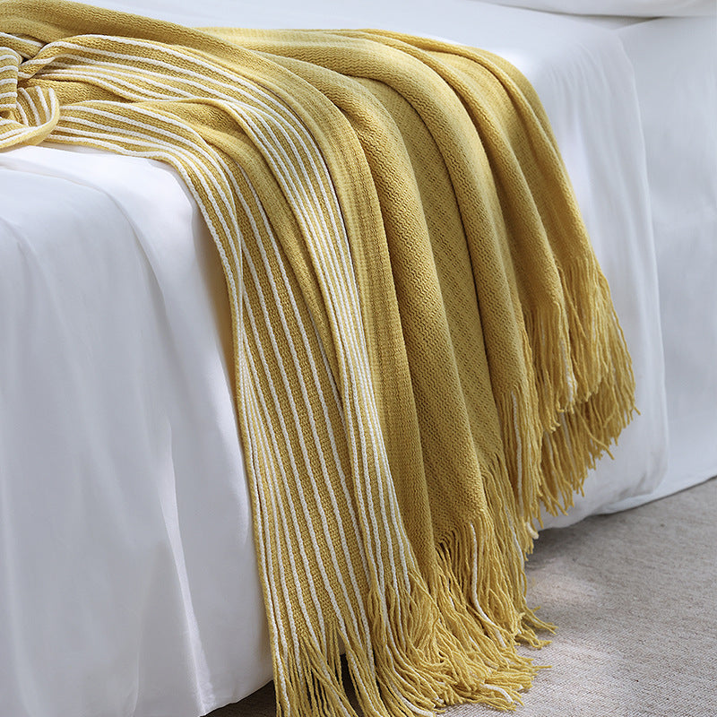 Yellow Cozy Knit Throw Blanket with Fringe - Stylish Striped Bed End Cover, 127x220CM