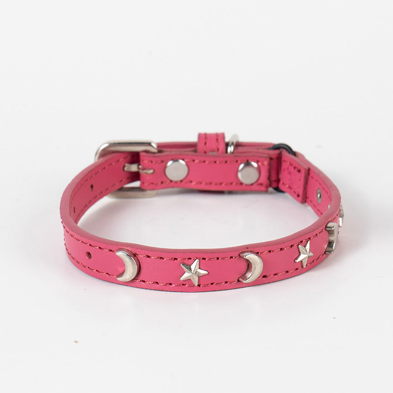 3 pcs Rose red Stylish PU Leather Pet Collar - Anti-Loss, Puppy Bell, Star & Moon Design Width 1.2cm Total Length 35cm