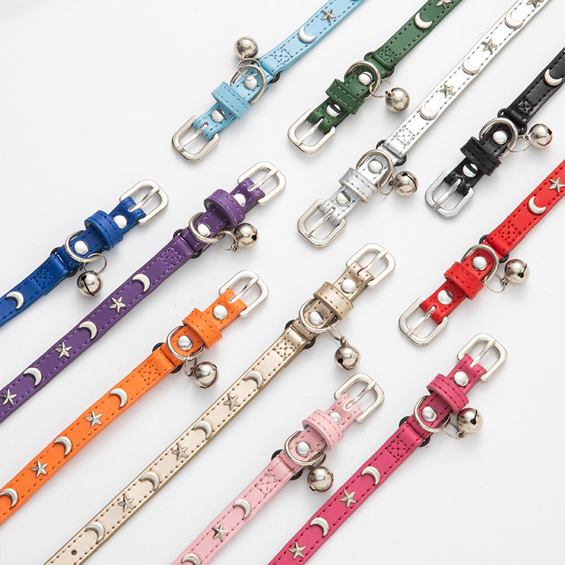 3 pcs Purple Stylish PU Leather Pet Collar - Anti-Loss, Puppy Bell, Star & Moon Design Width 1.2cm Total Length 35cm