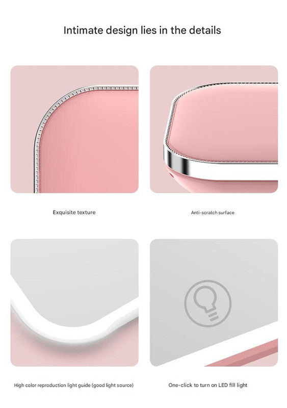 Pink LED Makeup Mirror with Light - Portable Folding USB Rechargeable Compact Mirror with 3 Color Lighting