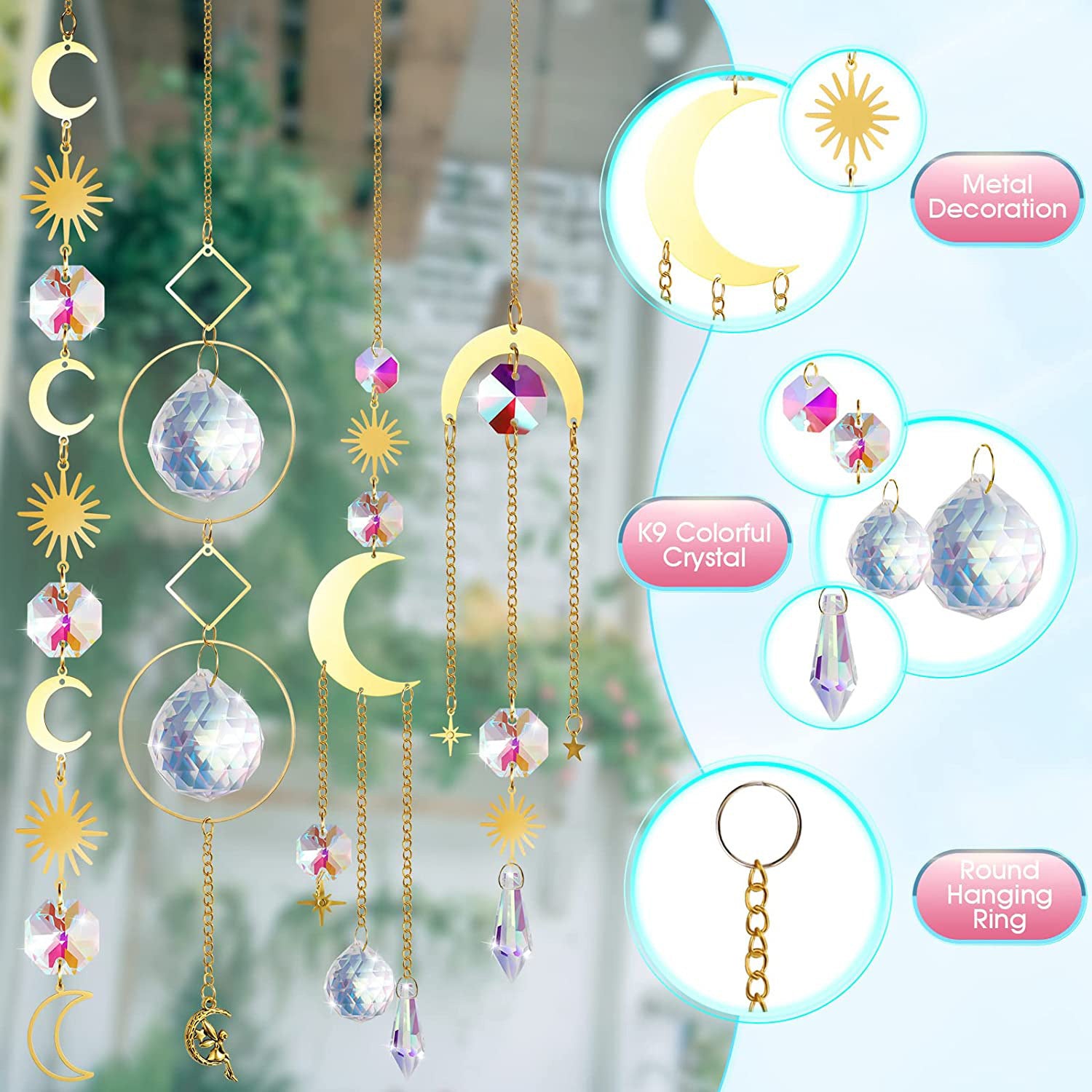 (Style 5) 4 pcs Crystal Wind Chimes-Sun Catcher Star Moon Dream Catcher for Window 33cm