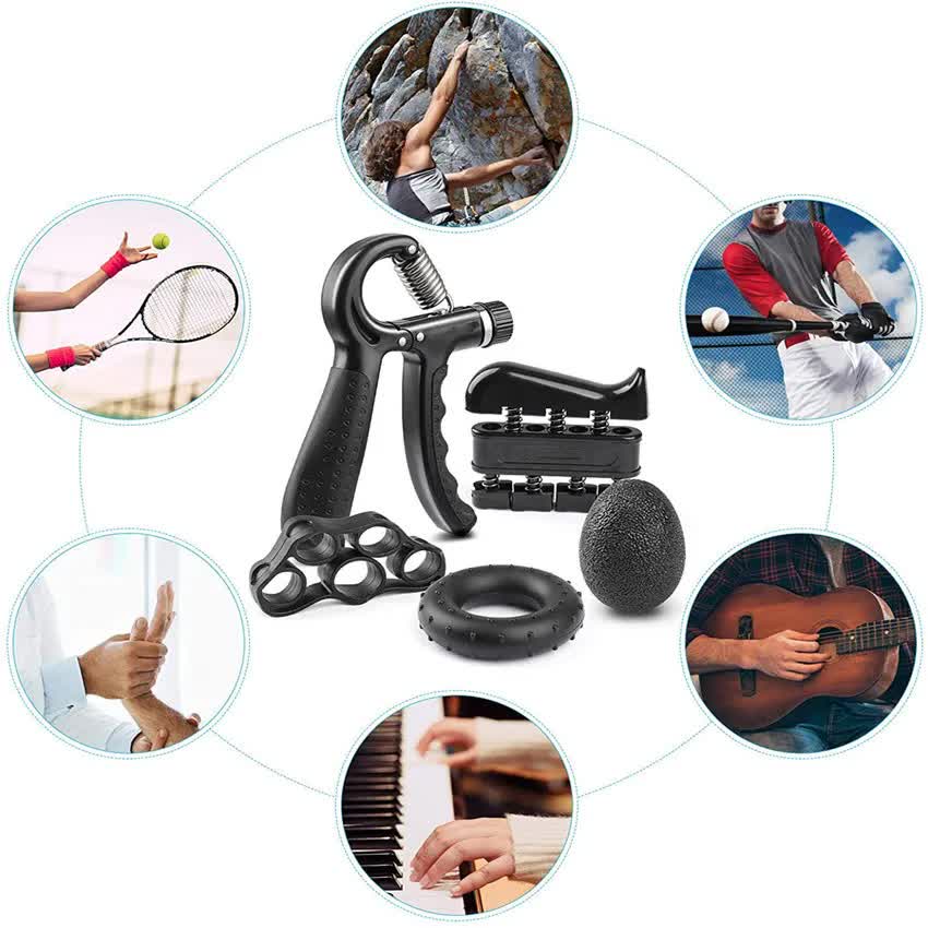 Black 5-Piece Hand Grip Strength Training Set Adjustable Grip Exerciser, Silicone Grip Rings & Grip Ball