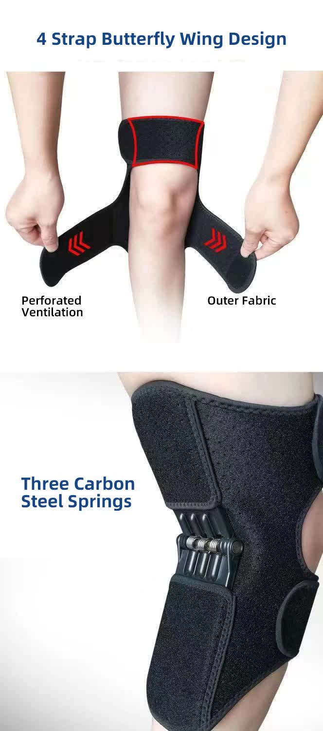 1 Pair Black Adjustable Knee Brace Support with Spring Booster Patella Stabilizer for Squats, Hiking, and Outdoor Sports