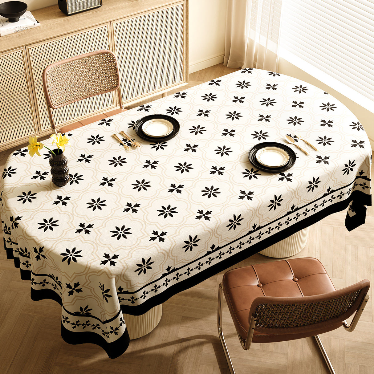 Style F Black And Beige Premium PVC Tablecloth - Oil & Water Resistant Table Cover for Dining Tables (140 x 220 cm)