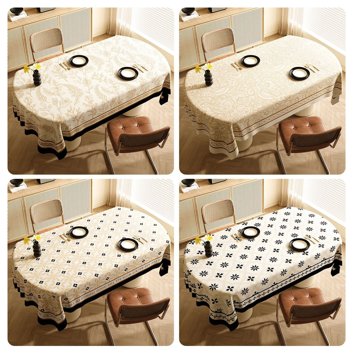 Style F Black And Beige Premium PVC Tablecloth - Oil & Water Resistant Table Cover for Dining Tables (140 x 220 cm)