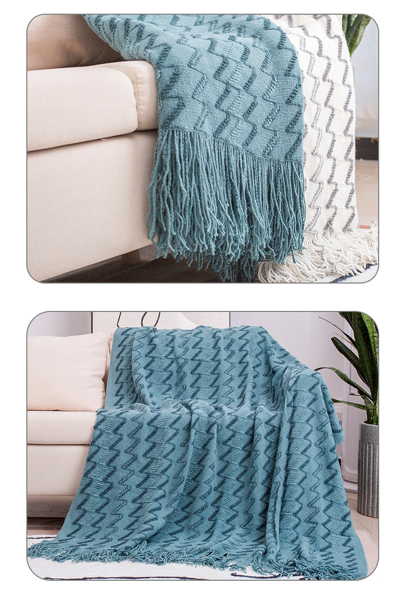 130*180CM White And Grey Modern Knitted Throw Blanket with Tassels - Soft & Lightweight for Sofa, Bed, and Office