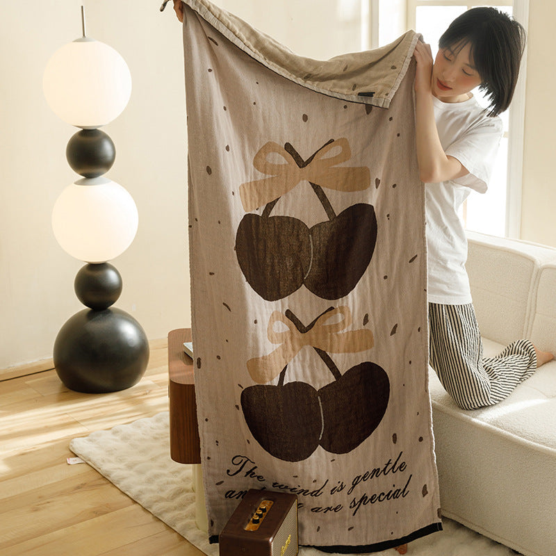 Brown Cherry Pattern Soft and Absorbent 4-Layer Cotton Bath Towel for Adults and Children | Cartoon Design | 80*160 cm | Perfect for Bathing and