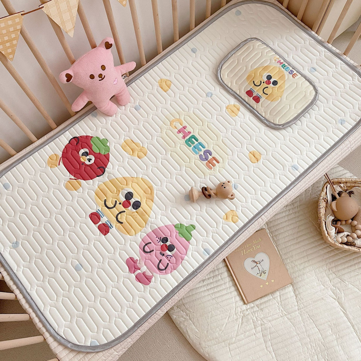 Cheese Pattern 2 Piece Set Kids Cooling Pad Set - 60x120cm Cartoon Latex Mattress Protector, Pillow