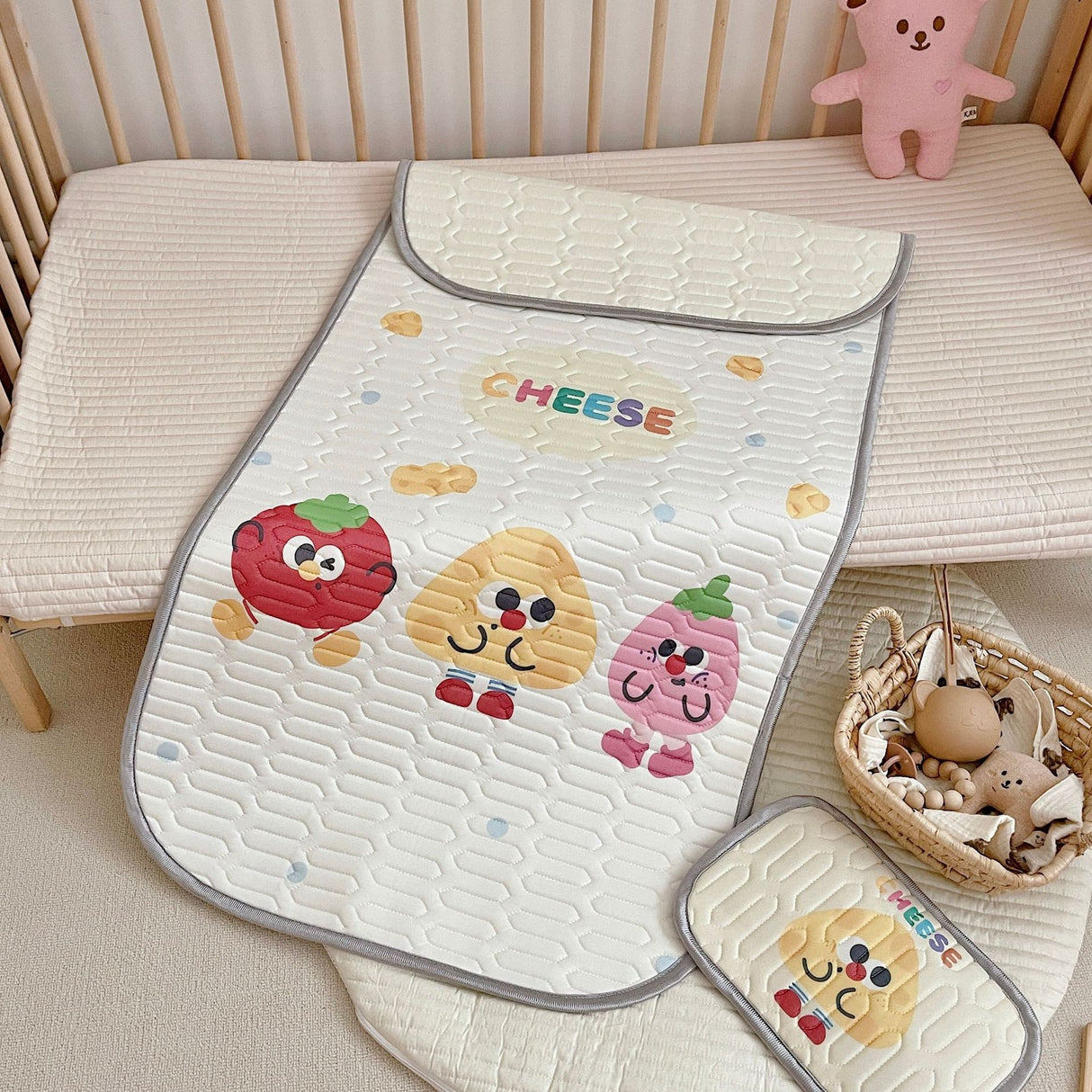Cheese Pattern 2 Piece Set Kids Cooling Pad Set - 60x120cm Cartoon Latex Mattress Protector, Pillow