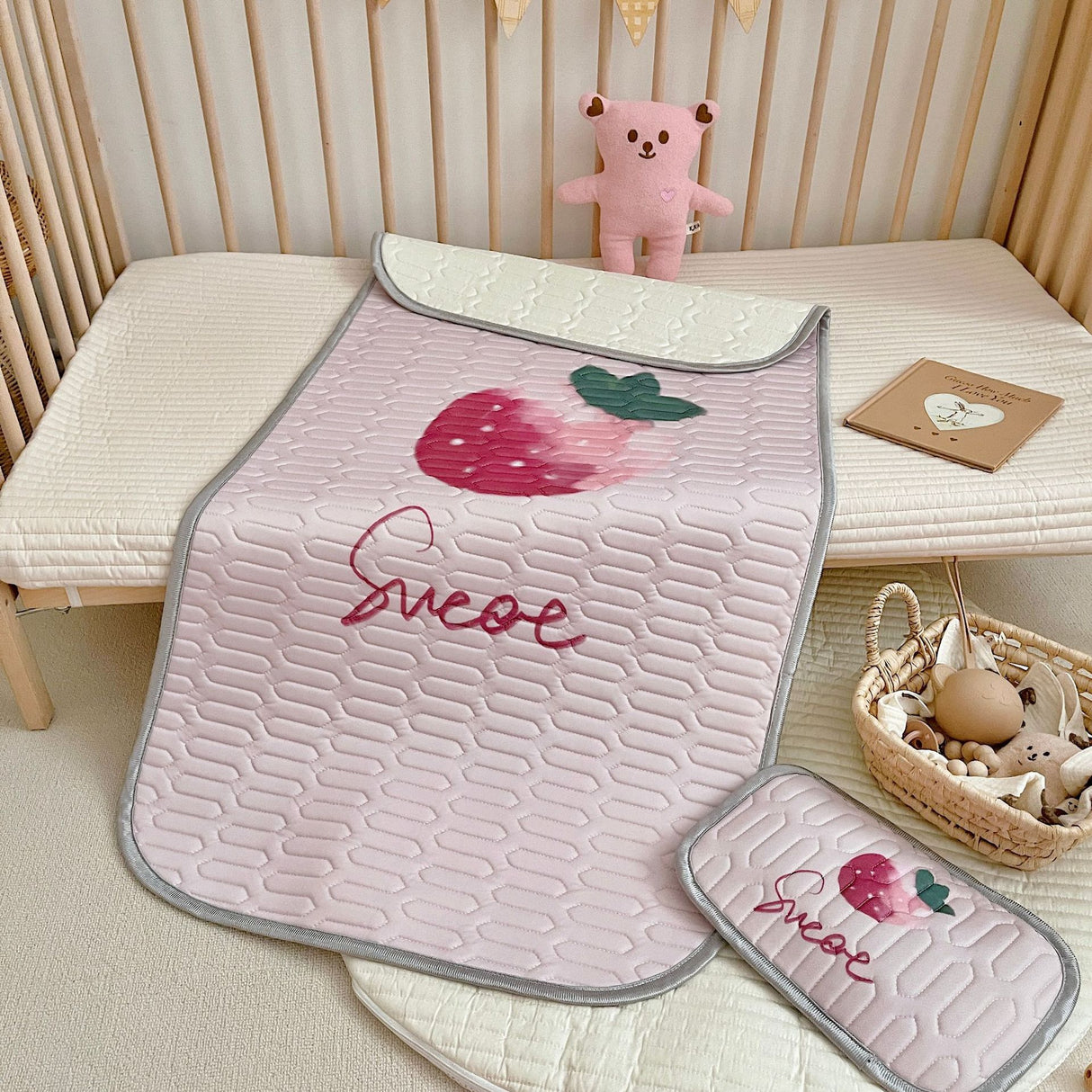 Strawberry Pattern 2 Piece Set Kids Cooling Pad Set - 60x120cm Cartoon Latex Mattress Protector, Pillow