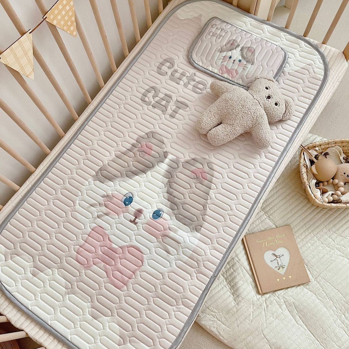 Cute Cat Pattern 2 Piece Set Kids Cooling Pad Set - 60x120cm Cartoon Latex Mattress Protector, Pillow