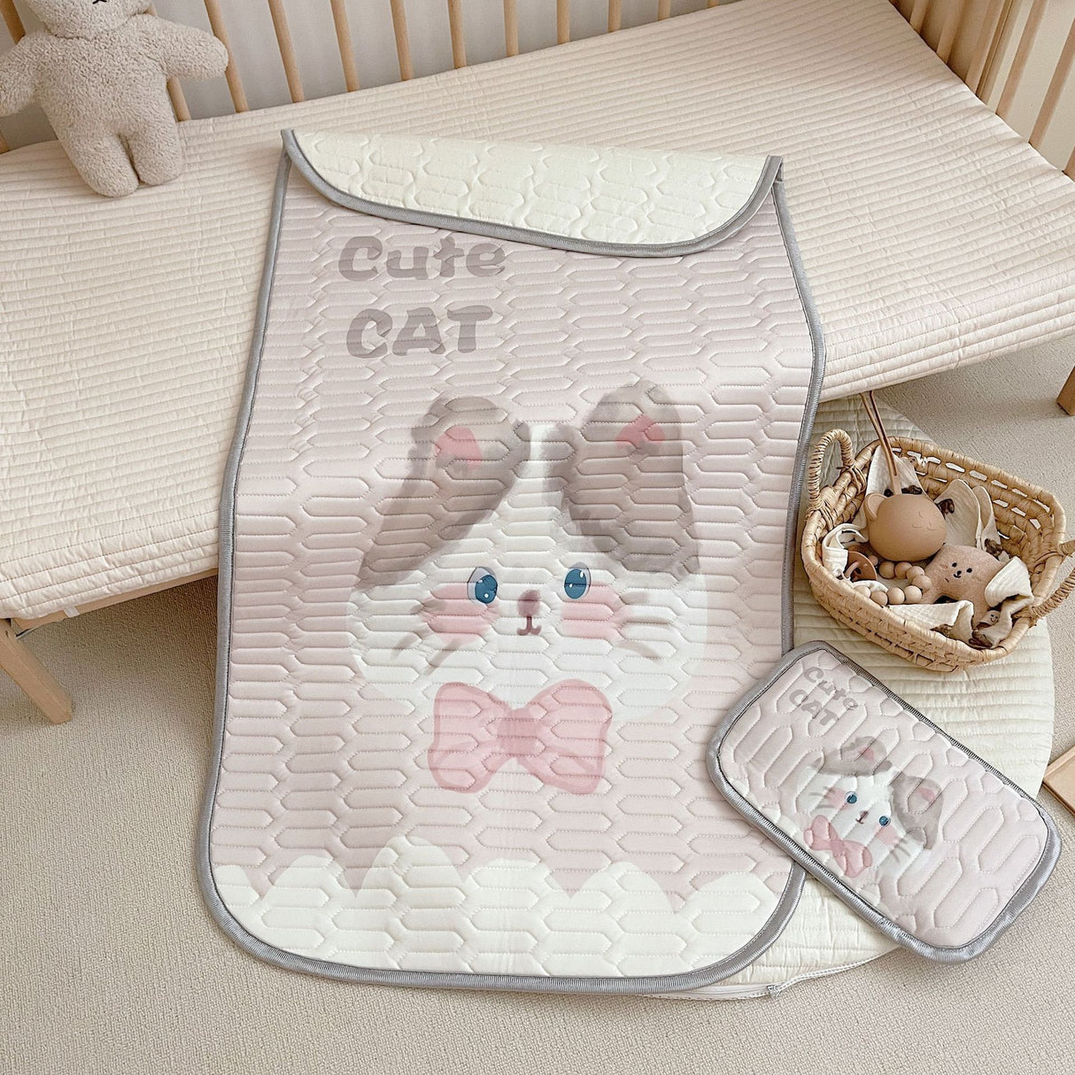 Cute Cat Pattern 2 Piece Set Kids Cooling Pad Set - 60x120cm Cartoon Latex Mattress Protector, Pillow