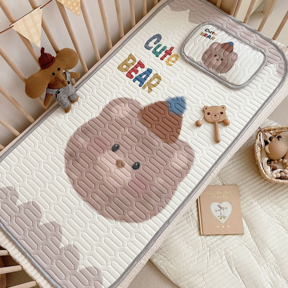 Cute Bear Pattern 2 Piece Set Kids Cooling Pad Set - 60x120cm Cartoon Latex Mattress Protector, Pillow