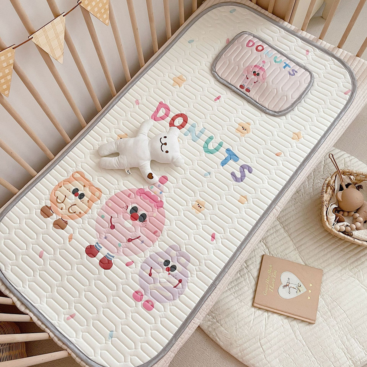 Donuts Pattern 2 Piece Set Kids Cooling Pad Set - 60x120cm Cartoon Latex Mattress Protector, Pillow