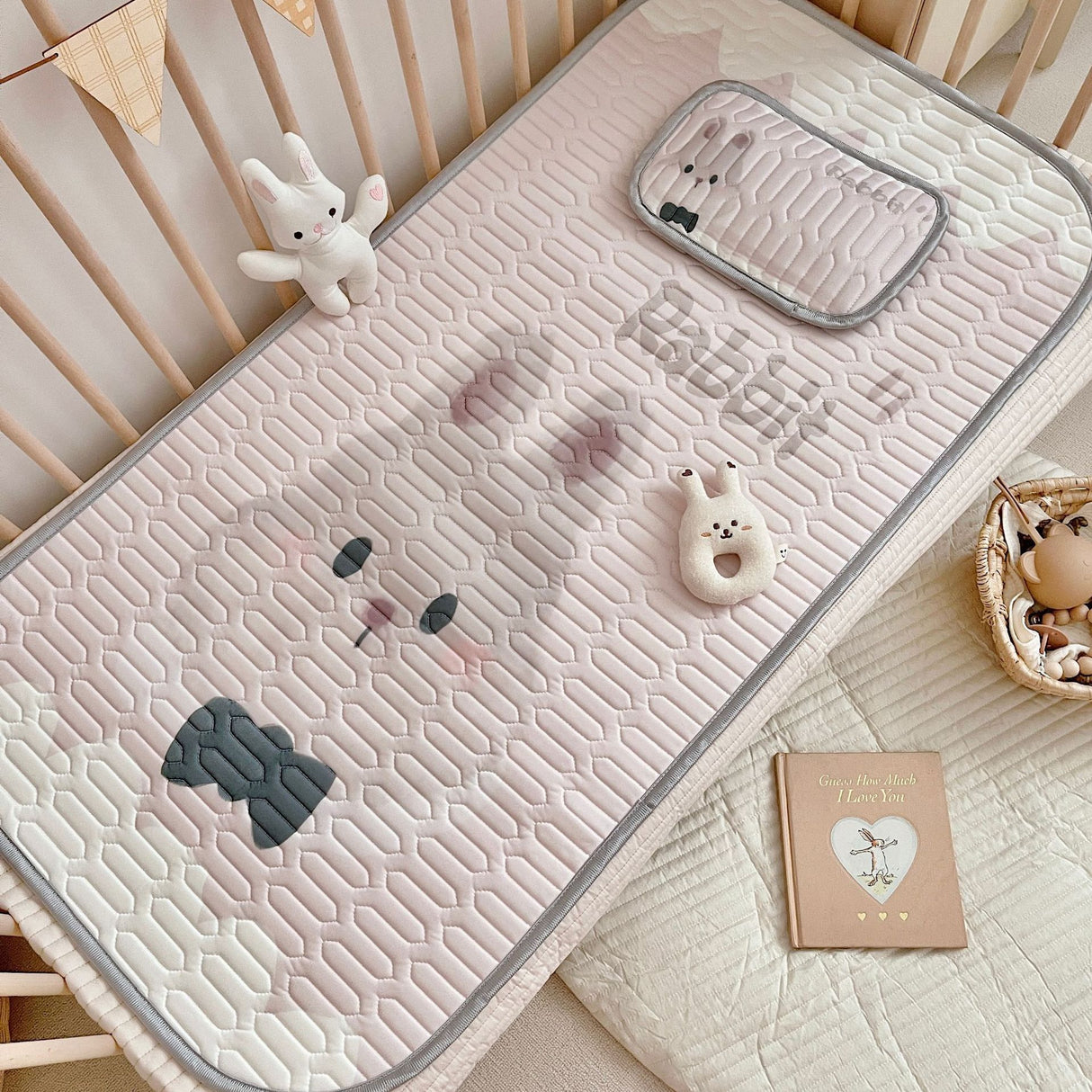 Rabbit Pattern 2 Piece Set Kids Cooling Pad Set - 60x120cm Cartoon Latex Mattress Protector, Pillow