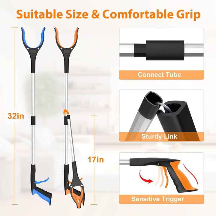 Blue Foldable Grabber Tool with Silicone Non-Slip Claws - Ideal for Litter Picking, Outdoor Use, and Household Cleaning