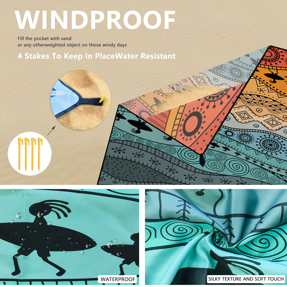 Style STD-001-34 Colorful Quick Dry Beach Mat Sand Proof Waterproof Outdoor Picnic Blanket - Compact & Lightweight