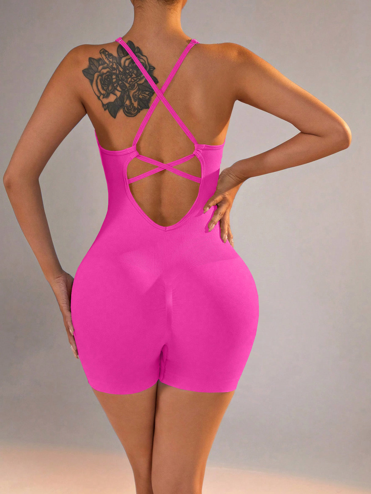 Size M Rose Red Grey Nylon Seamless Yoga Bodysuit - Women's Athletic Romper, Crisscross Back, Workout Jumpsuit