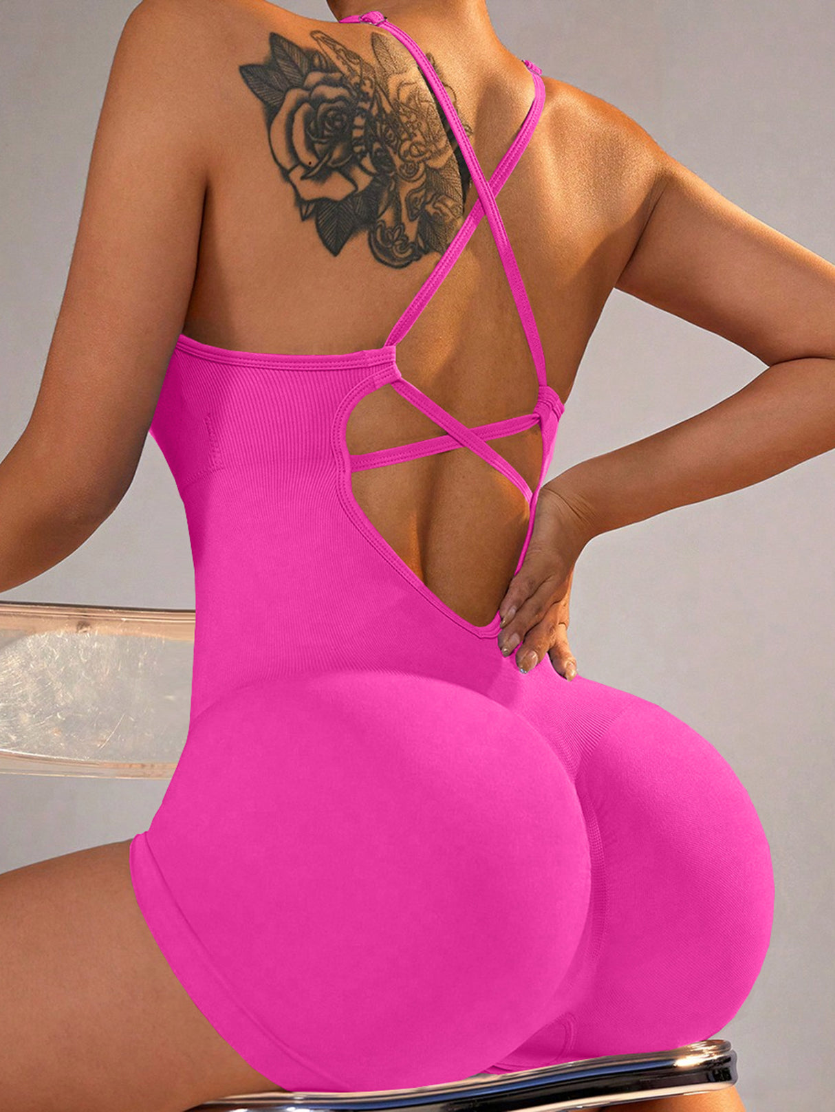 Size L Rose Red Grey Nylon Seamless Yoga Bodysuit - Women's Athletic Romper, Crisscross Back, Workout Jumpsuit
