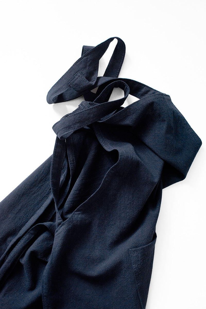 Blue Cotton Linen H-Back Apron - Solid Color Kitchen Cooking Apron with Pocket