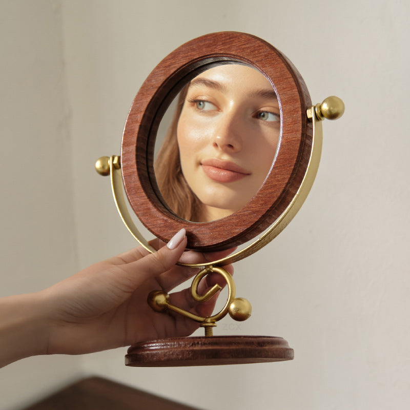 Silver and Brown Vintage Solid Wood Makeup Mirror - 360° Rotation Desktop Vanity Mirror