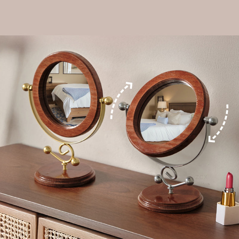 Silver and Brown Vintage Solid Wood Makeup Mirror - 360° Rotation Desktop Vanity Mirror