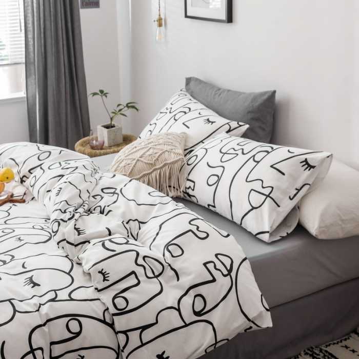 Face Line Graffiti Pattern 3-Piece Polyester Duvet Cover Set with 2 Pcs Pillowcases - Elegant Bedding, Machine Washable, 173x230cm Duvet + 51x76cm