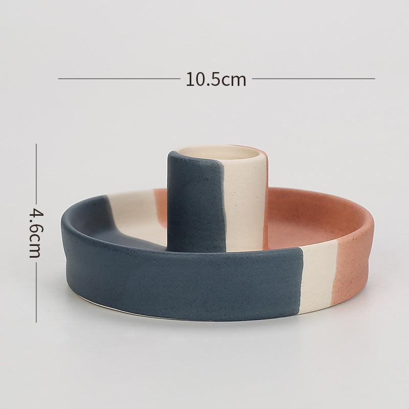 2 Pcs Blue, White And Orange Stitching Straight Bottom Nordic Ceramic Candle Holder with Jewelry Dish - Elegant Minimalist Home Decor Piece