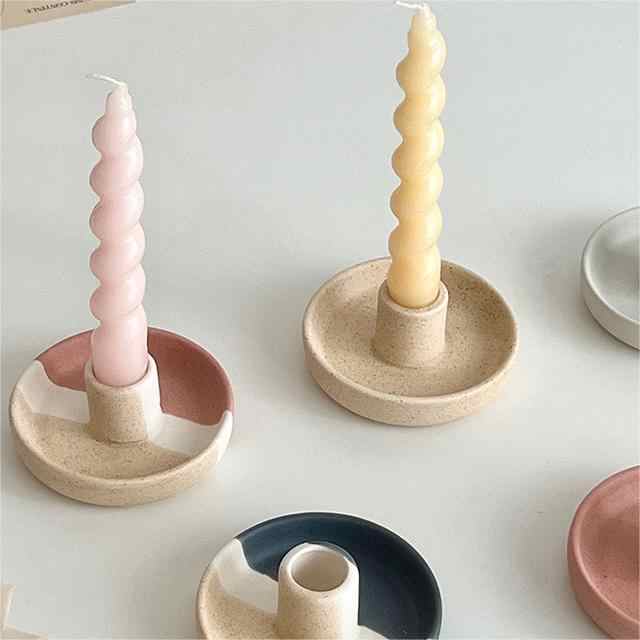 2 Pcs Blue, White And Orange Stitching Oval Bottom Nordic Ceramic Candle Holder with Jewelry Dish - Elegant Minimalist Home Decor Piece