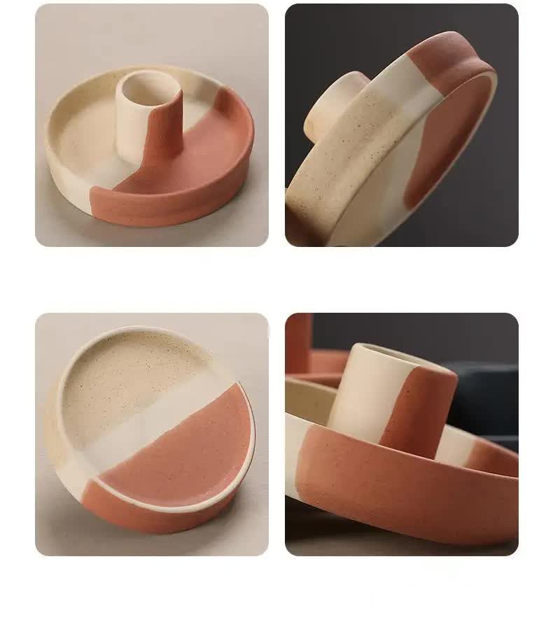 2 Pcs Yellow, White And Orange Stitching Straight Bottom Nordic Ceramic Candle Holder with Jewelry Dish - Elegant Minimalist Home Decor Piece