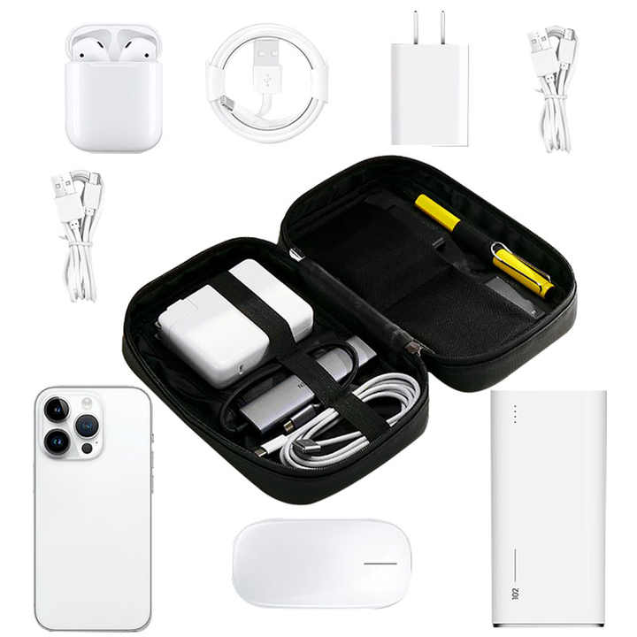 Black Premium PU Leather Multi-Functional Travel Cable Organizer - Waterproof Digital Storage Pouch