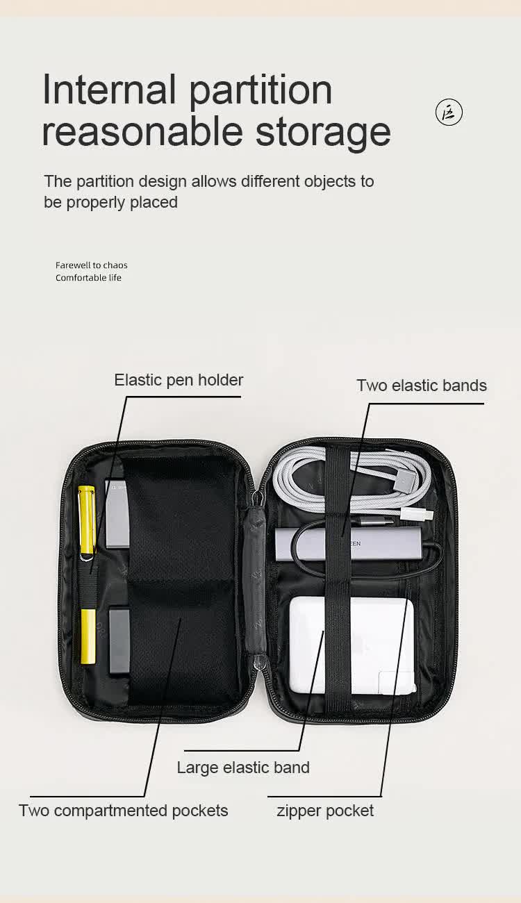 Black Premium PU Leather Multi-Functional Travel Cable Organizer - Waterproof Digital Storage Pouch