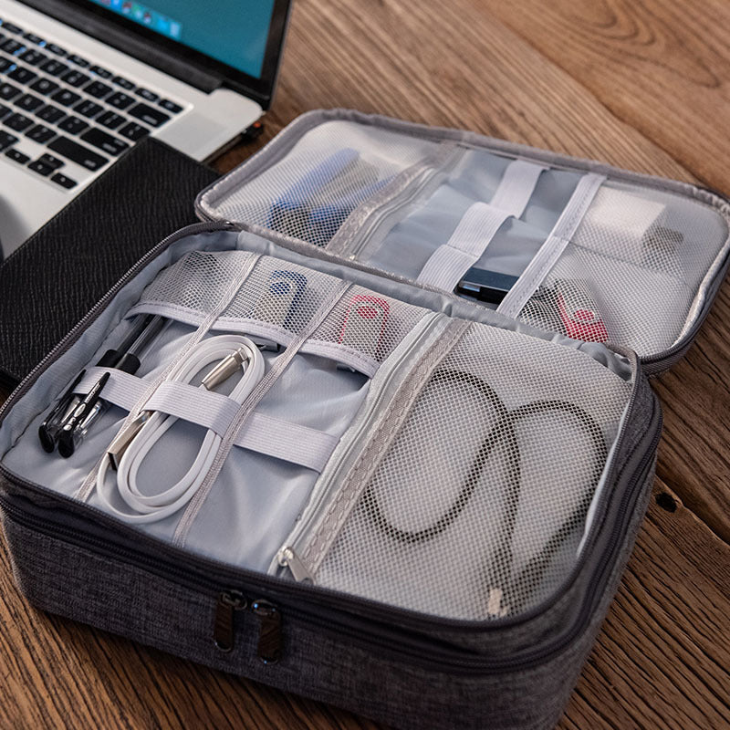 Light Blue Durable Three-Layer Earphone & Digital Organizer - Waterproof Cosmetic & Cable Storage Pouch(Photography props not included, only the bag)