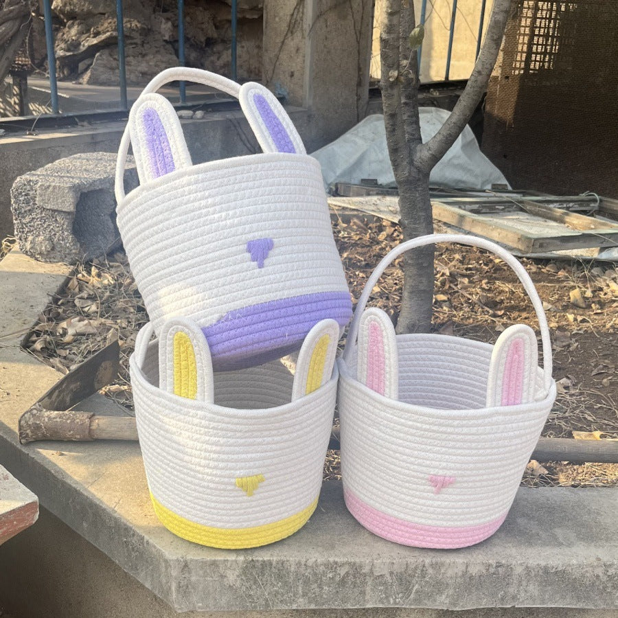 Pink And White Stitching Charming Easter Egg Tote Basket - Cute Rabbit-Themed Handwoven Cotton Rope Candy Holder