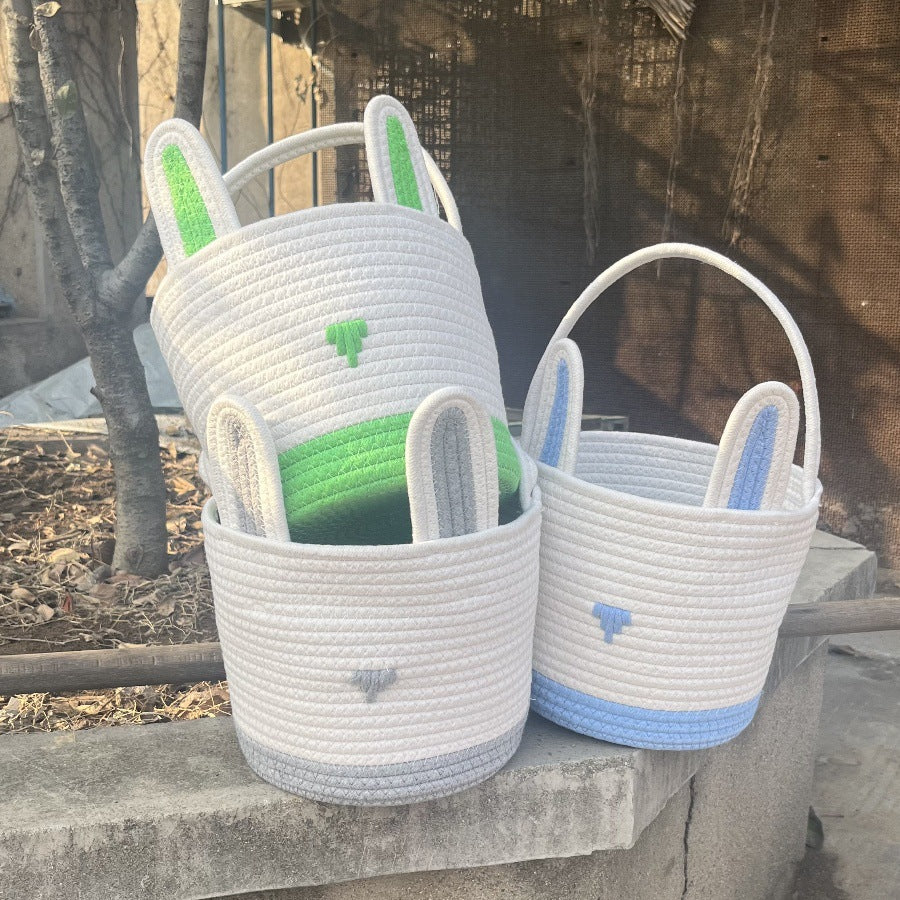 Grey And White Stitching Charming Easter Egg Tote Basket - Cute Rabbit-Themed Handwoven Cotton Rope Candy Holder