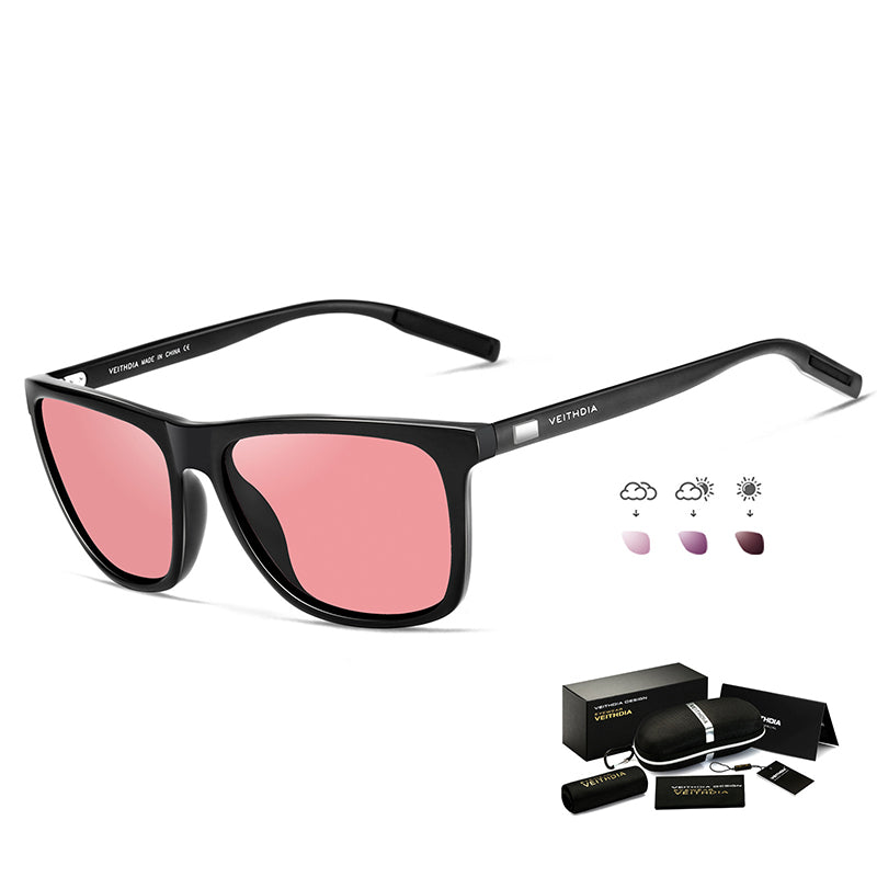 Black Frame + Black Temples + Photochromic Red Lenses Unisex Aluminum-Magnesium Square Polarized Sunglasses - Stylish UV-Protective Driving Glasses