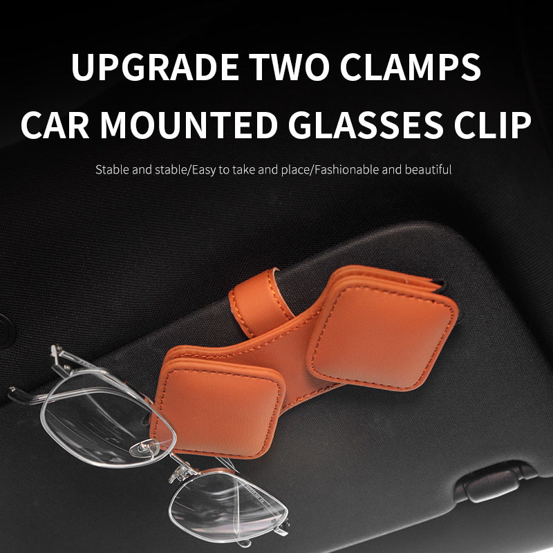 2 Pcs Brown Car Sun Visor Glasses Holder Clip with Dual Magnetic Clamps - PU Leather, Anti-Slip, and Multi-Functional Storage