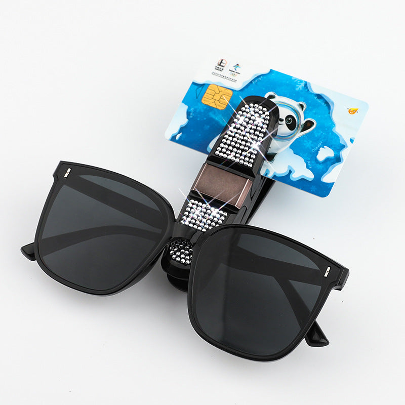 6 Pcs Green Luxury Rhinestone Car Sun Visor Glasses Clip - Multi-Functional, 180° Rotatable, ABS Material