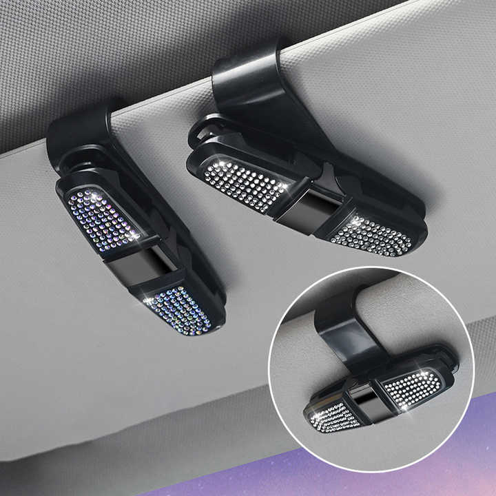 6 Pcs Purple Luxury Rhinestone Car Sun Visor Glasses Clip - Multi-Functional, 180° Rotatable, ABS Material