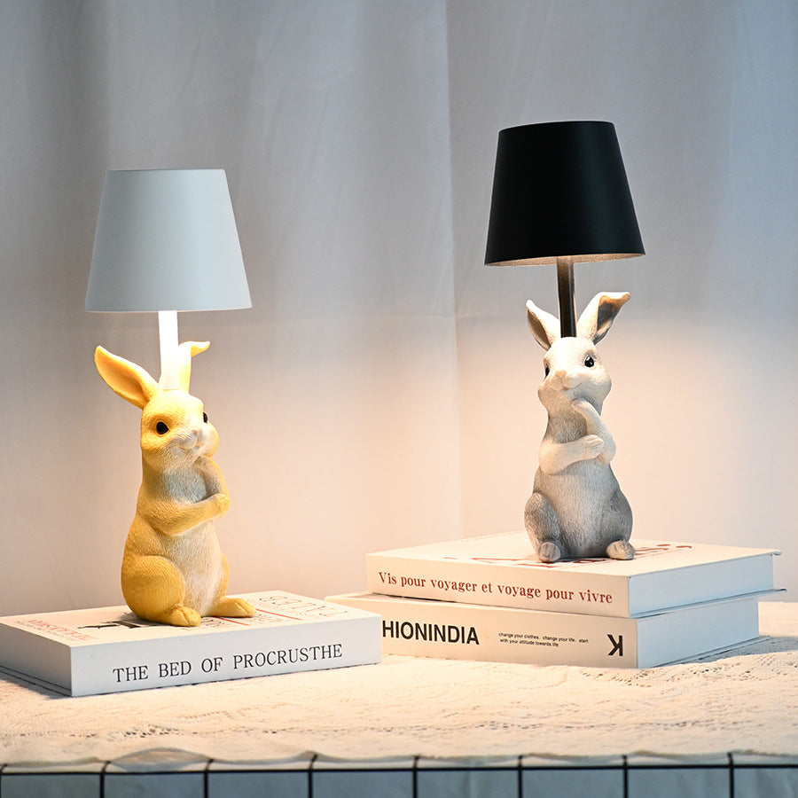 Yellow Bunny White Lampshade Adorable Rabbit Resin Table Lamp - 3-Color LED, USB Rechargeable, Touch Dimming