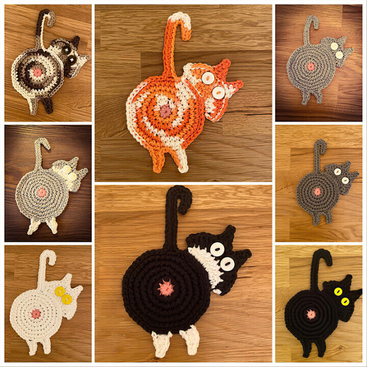 4 Pcs Black Cute Cat Butt Knitted Coaster - Lightweight Crochet Drink Mat, 15x10cm