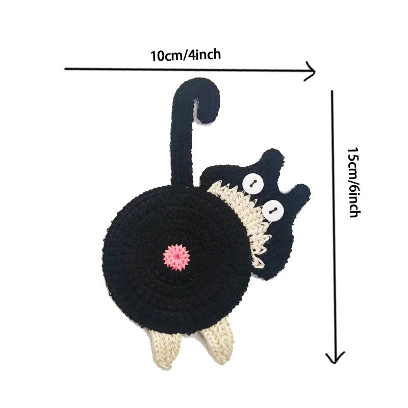 4 Pcs Black Cute Cat Butt Knitted Coaster - Lightweight Crochet Drink Mat, 15x10cm