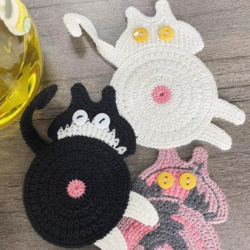 4 Pcs Grey And White Cute Cat Butt Knitted Coaster - Lightweight Crochet Drink Mat, 15x10cm