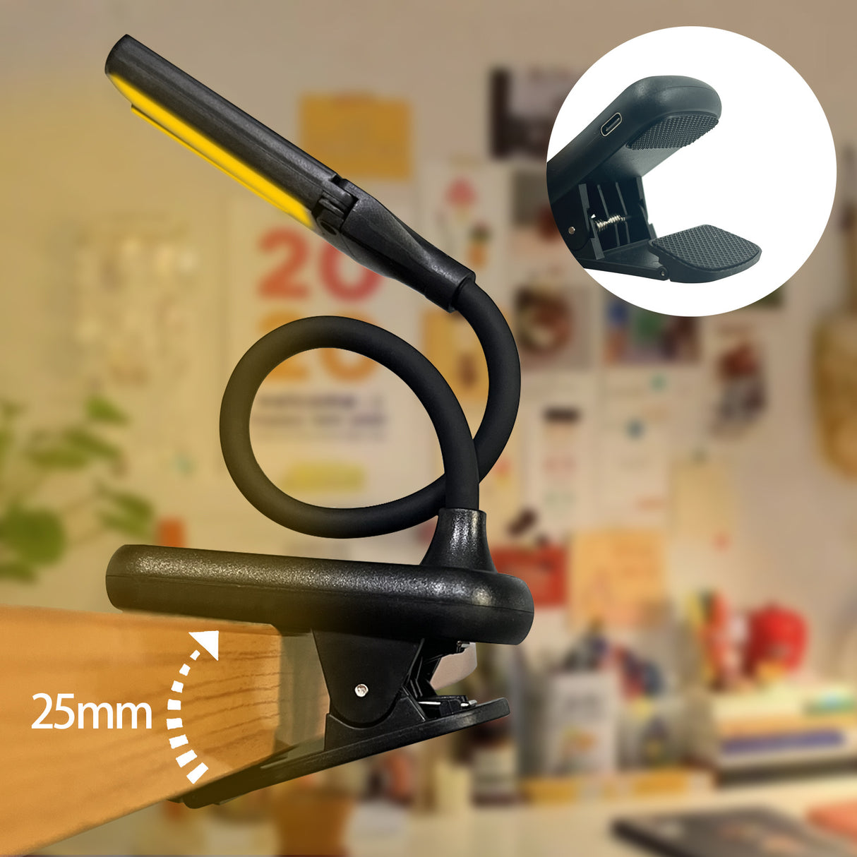 Black Rechargeable Dual-Head Clip-On Book Light - Touch Control Reading Lamp with Eye Protection