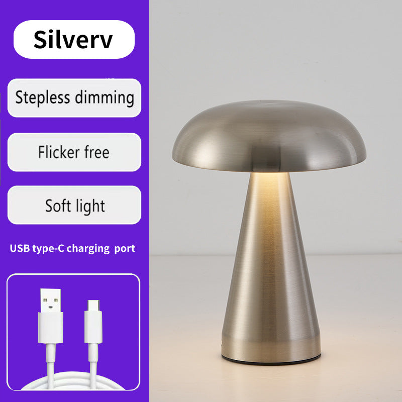 Silver Metal Mushroom Table Lamp - Rechargeable Touch Control Ambient Light with Remote